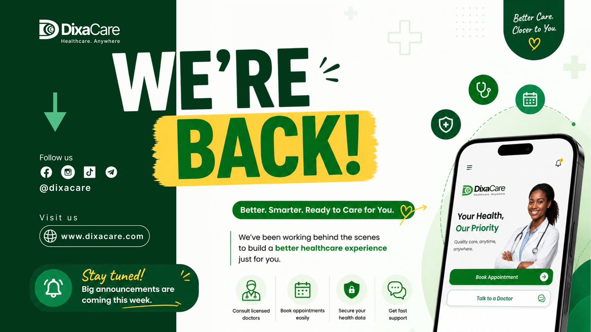dixacare's tweet photo. 🚀 Guess who’s back?

After months of building, testing, and improving, DixaCare is back, and we’re bringing a whole new healthcare experience with us. ✨

Next week, we’ll be unveiling exciting updates, and new services.

The wait is over.

Get started at https://t.co/H8AXF5lakc https://t.co/JXF87Qh5kW