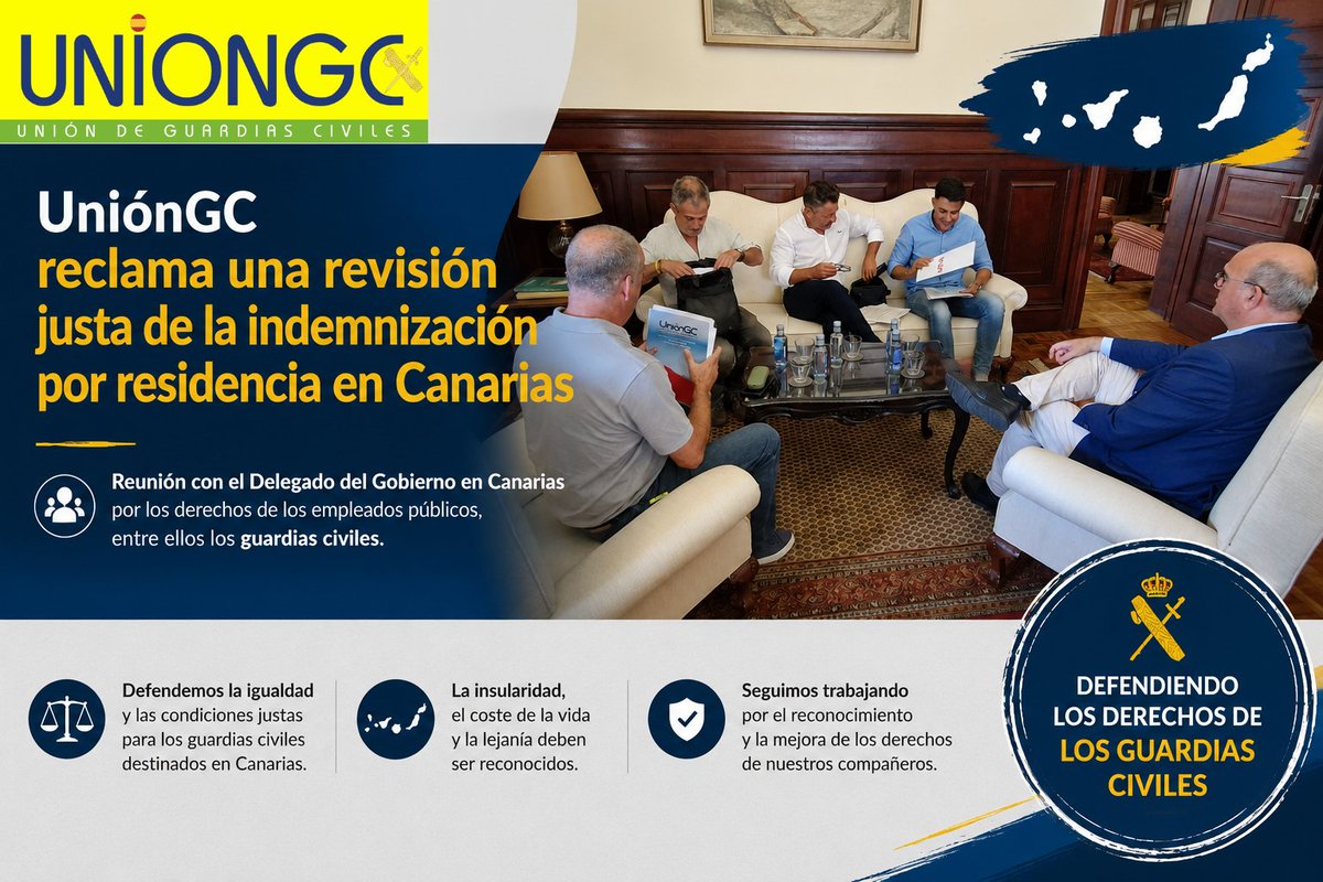 UnionGC's tweet photo. 📍 UniónGC reclama una revisión justa de la indemnización por residencia en Canarias

Hemos participado, junto a @UGT_SP  y la @ufpol, en una reunión con el delegado del Gobierno en Canarias para trasladar la necesidad de que los empleados públicos destinados en las islas, entre ellos los guardias civiles, no queden fuera de la revisión de las indemnizaciones por residencia e insularidad.

La realidad de Canarias exige una compensación acorde al coste de la vida y a las particularidades de la insularidad.

Seguiremos defendiendo los derechos de los guardias civiles destinados en el archipiélago hasta conseguir una solución justa.

+ Info en: https://t.co/S2TgCPtpmX

#UniónGC #GuardiaCivil #Canarias #Insularidad #Residencia #EmpleadosPúblicos #DerechosLaborales