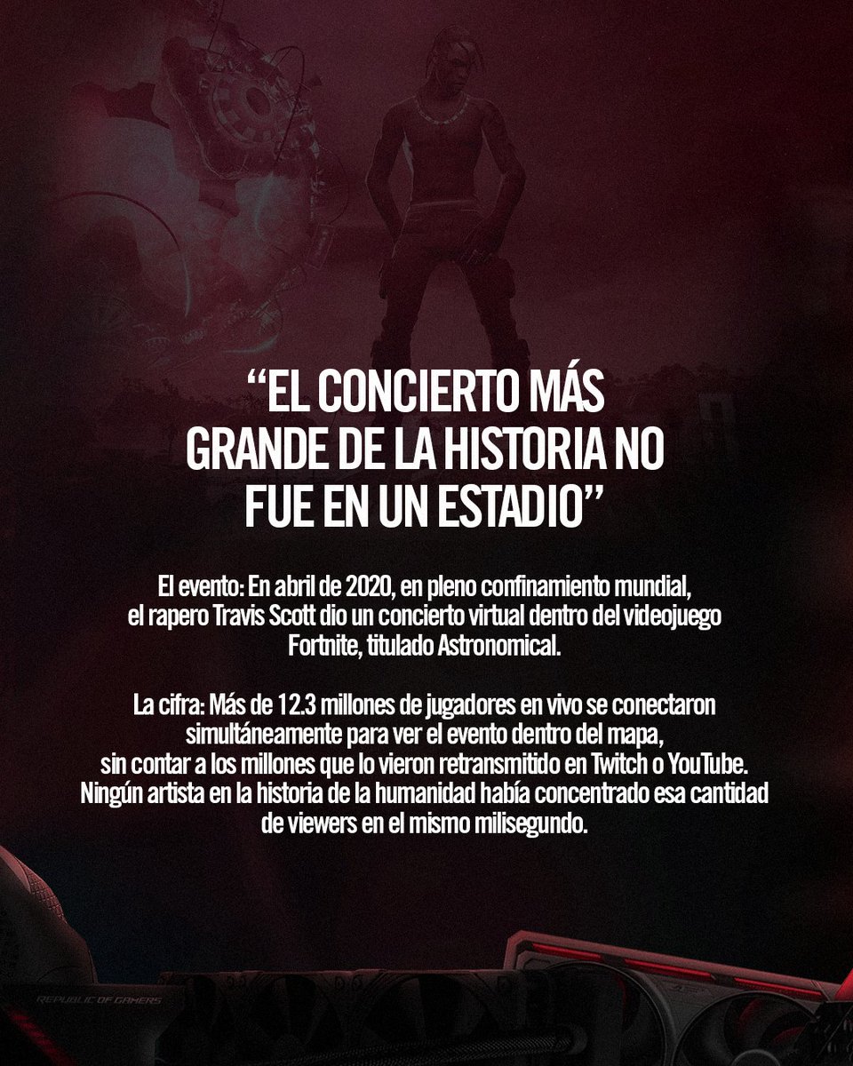 ASUSROGES's tweet photo. Millones de personas conectadas al mismo tiempo para vivir un concierto dentro de un videojuego.

No estaban viendo el futuro del entretenimiento. Ya estaban dentro de él. https://t.co/nBpcaT8B4S