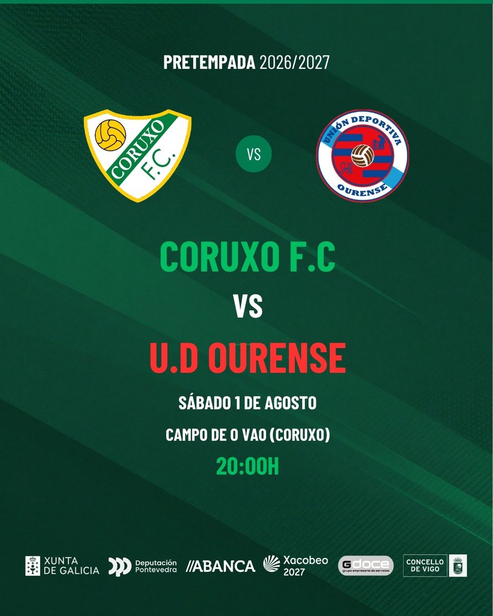 CoruxoFCoficial's tweet photo. 𝐕𝐎𝐋𝐓��𝐌𝐎𝐒 𝐀𝐎 𝐕𝐀𝐎! 🏟️💚⚽

Este sábado regresa o fútbol a O Vao! Primeiro test de preparación do conxunto de Javi Pereira diante da nosa afección.

Enfronte, a UD Ourense, equipo de Primeira Federación, nun partido para comezar a medir as sensacións da pretempada.

E ti? 🫵🏻 Vas faltar á cita? Agardámoste! 💚🙌