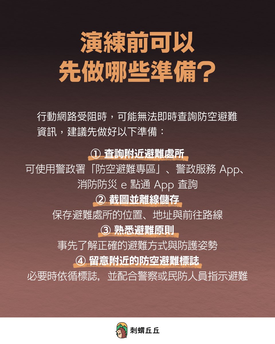 watchoutTW's tweet photo. 📢 注意！14 縣市「#行動網路降速」演練來了，你所在的縣市有在名單內嗎？

戰爭或重大災害發生時，基地台可能受損、停電，或因網路壅塞，導致行動上網變慢甚至無法使用。這次演練，就是讓大家提前熟悉通訊受限時該怎麼取得避難資訊、找到避難處所。

▼ 演練時間與地區

中部地區 ——
8/10（一）14:30－15:00
苗栗、臺中、彰化、南投、雲林、嘉義縣、嘉義市

北部地區 ——
8/13（四）14:30－15:00
臺北、新北、基隆、桃園、新竹縣、新竹市、宜蘭

▼ 演練期間會發生什麼事？

☞ 行動上網可能明顯變慢，或無法正常使用
☞ 基本語音通話與簡訊服務仍可使用
☞ 固定網路及其連接的 Wi-Fi 不受影響

▼ 演練前可以先做什麼？

① 查詢附近避難處所
可使用警政署「防空避難專區」、警政服務 App、消防防災 e 點通 App 查詢

② 截圖並離線儲存
先保存避難處所位置、地址與路線

③ 熟悉避難原則
了解正確避難方式與防護姿勢

④ 留意防空避難標誌
必要時配合警察或民防人員指示避難

通訊受限時，越早準備就越不容易慌亂！
你有查過住家、公司或學校附近的防空避難處所嗎？

➜➜ 把這篇存起來，演練前一起檢查避難資訊！➜➜

::::::::::::::::::::::::::::::::::::::::::::::::::::
提升防衛韌性，保護自己與家人
追蹤 #刺蝟丘丘
https://t.co/sBDlEk0BbL

看更多民防知識內容！
::::::::::::::::::::::::::::::::::::::::::::::::::::