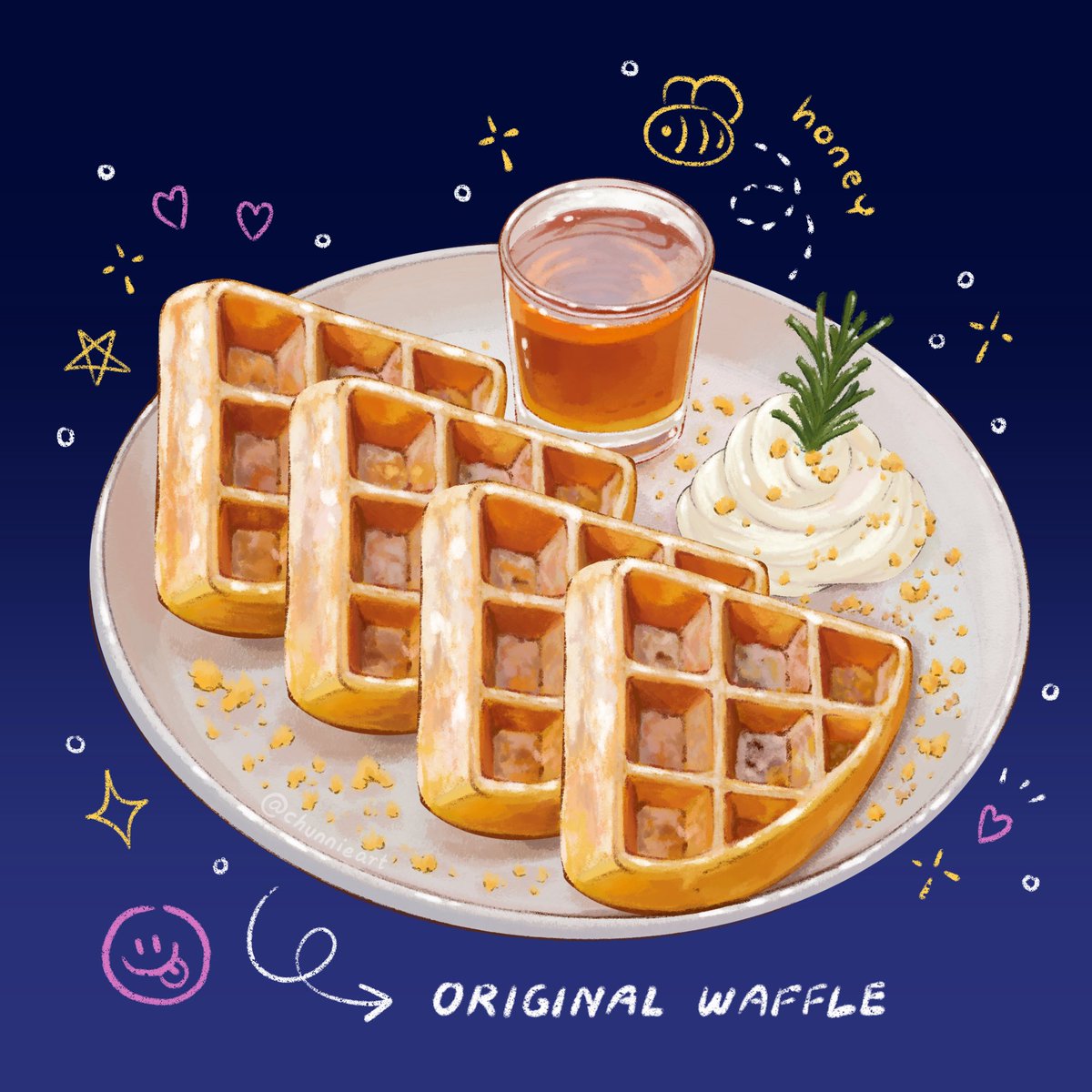 chunnieart's tweet photo. Hot waffles served with whipping cream, honey and cookie crumbles 🍯🧇💛
#foodillustration #foodillustrator #waffle #digitalart #digitalartist https://t.co/v0UAqUIh3b