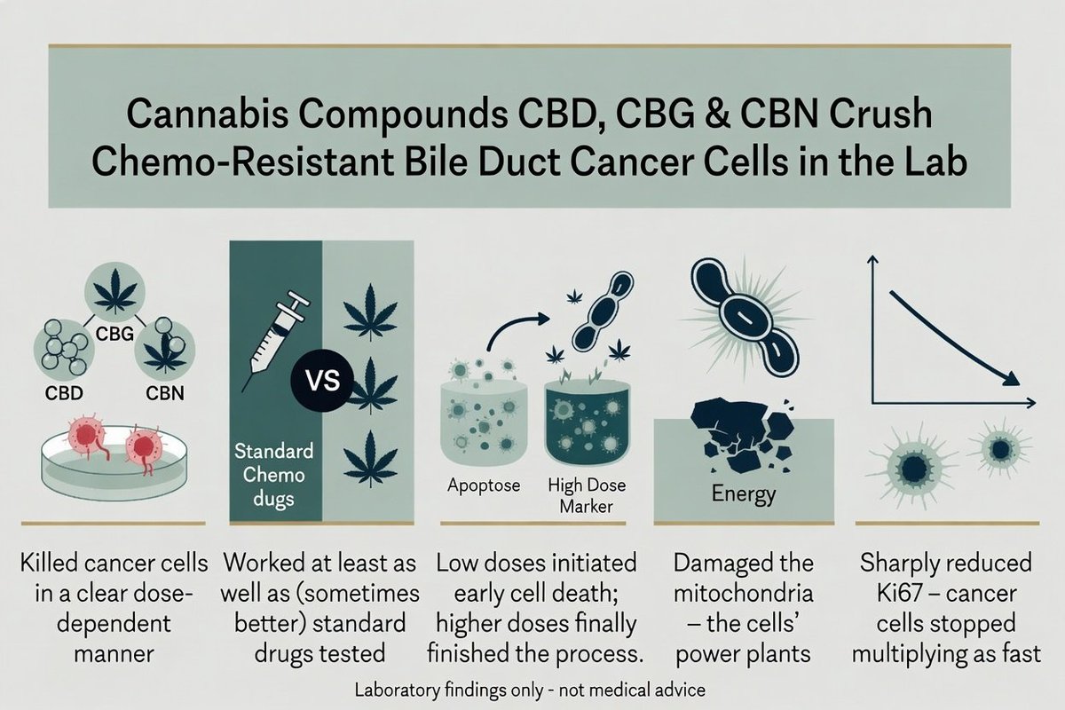 marclanders's tweet photo. Cannabis compounds CBD, CBG & CBN just crushed chemo-resistant bile duct cancer cells in the lab!

CBD, CBG, and CBN killed the cancer cells in a dose-dependent way.

They worked at least as well as (and sometimes better than) the standard drugs tested.

Low doses started the early stages of cell death; higher doses finished the process.

The compounds damaged the mitochondria (the cells’ power plants).

They sharply reduced the growth marker Ki67, meaning the cancer cells stopped multiplying as fast.
https://t.co/Zb6l9dru92