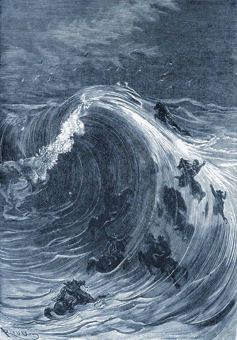 ArtorOtherThing's tweet photo. "A monstrous wave crashed ashore." from Jules Verne's : The Children of Captain Grant Artist : Édouard Riou, 1868 https://t.co/jHVWiCoAqC