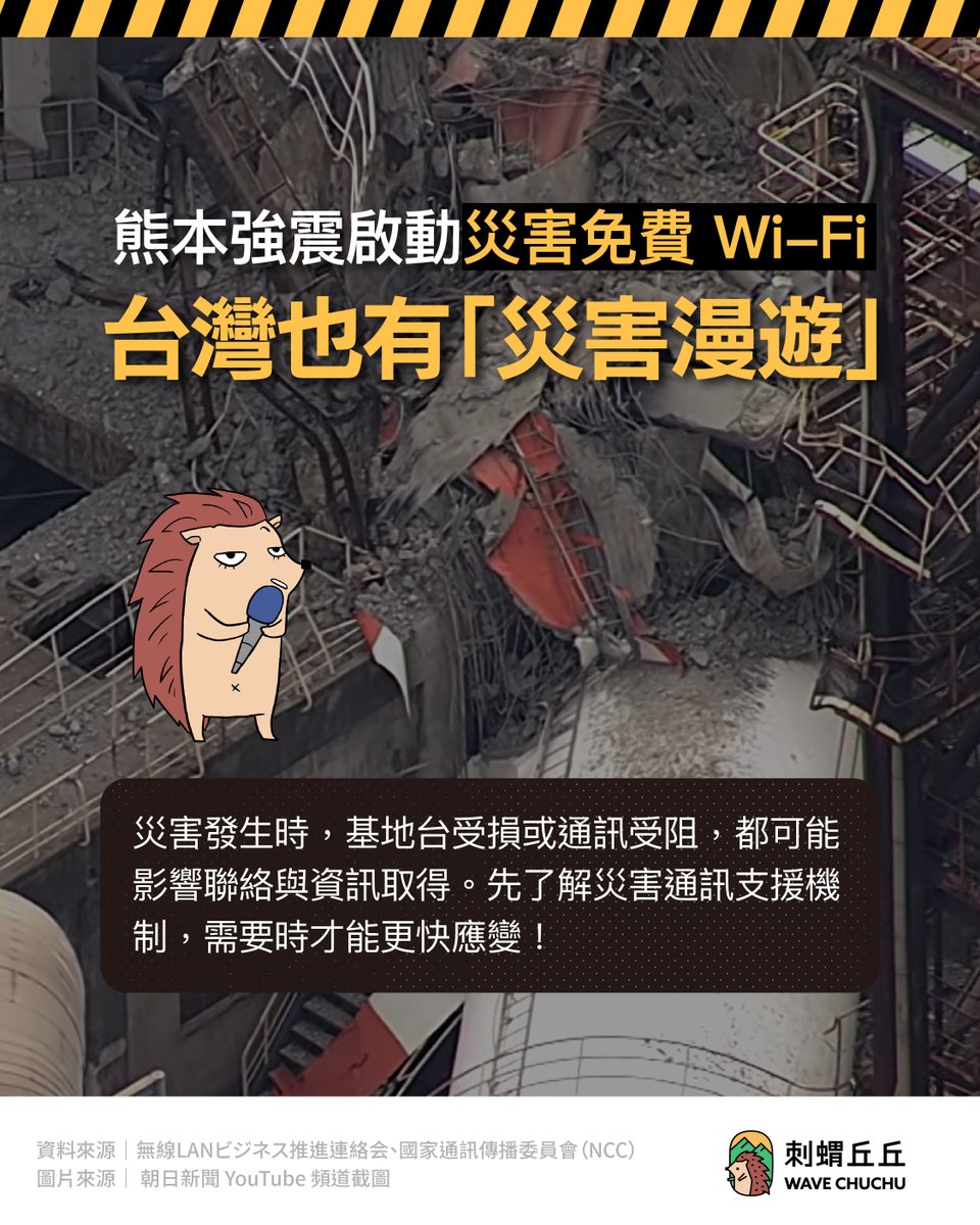 watchoutTW's tweet photo. 日本熊本縣 28 日發生規模 7.1 強震，當地部分地區出現停電、道路與建物受損等災情，也影響通訊服務。

日本隨後開放災害免費 Wi-Fi「00000JAPAN」，協助災區民眾聯絡親友、接收重要資訊。

台灣其實也有類似的災害通訊支援機制：「#災害漫遊」

▌什麼是災害漫遊？

當地震、颱風、豪雨等災害造成部分地區基地台受損時，如果原本的電信業者網路暫時無法使用，災區民眾可透過其他電信業者的行動網路，維持基本通訊服務。

讓大家能持續接收：

✔ 救災資訊
✔ 避難指引
✔ 緊急聯繫

▌使用前先記住 3 件事

✔ 只在政府宣布啟動的災區與期間適用
✔ 平時不用特別開啟
✔ 不會額外收取漫遊費用

⚠️ 等政府宣布啟動後，再依指引開啟手機的「數據漫遊」即可

▌也提醒大家

日本的「00000JAPAN」雖然免密碼、免驗證，能快速連線，但因為網路未加密，使用時要避免輸入敏感資料，也不要使用網銀或信用卡服務。

✎ 資料來源｜無線LANビジネス推進連絡会、國家通訊傳播委員會（NCC）

➜➜ 把這篇存起來，也分享給身邊的人，一起了解災害通訊支援方式！➜➜