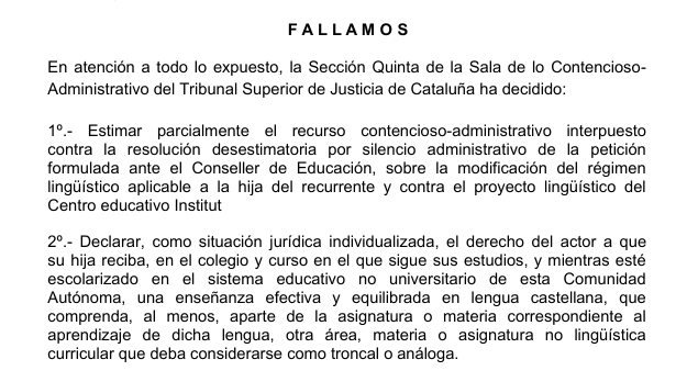 AEBCatalunya's tweet photo. 📢 El Tribunal Superior de Justicia de Cataluña ha vuelto a reconocer el derecho de un alumno a recibir una enseñanza efectiva y equilibrada en castellano, que incluya, además de la asignatura de Lengua castellana, al menos otra materia troncal impartida en esa lengua

🧵 https://t.co/hRC6Ep5Vxl