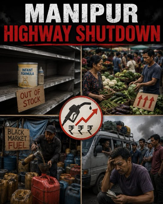 TaRao2662's tweet photo. Every roadblock carries a human cost. Families face higher expenses, businesses suffer losses, and communities struggle with shortages. Dialogue and cooperation remain the path forward.
#Manipur #HighwayShutdown #PeaceNotProtest https://t.co/jqT1lSgR9Q