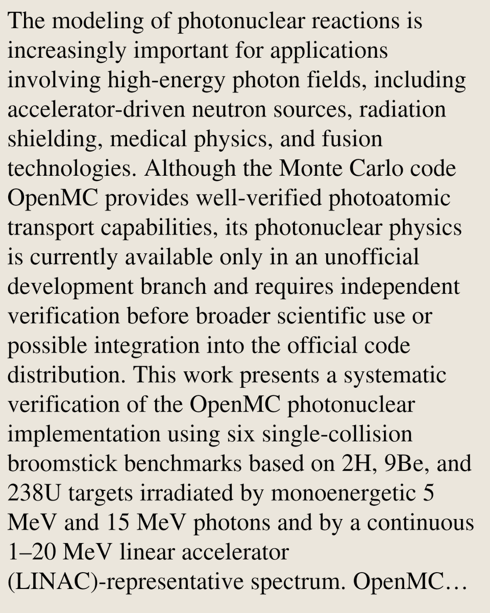 CWHN's tweet photo. Photonuclear Neutron Production in OpenMC: Verification Against MCNPX, FLUKA, and a First-Collision Analytical Solution

Lorenzo Loi, Andrea Missaglia, Carolina Introini, David Breitenmoser, Shaun D. Clarke, Sara A. Pozzi, …
https://t.co/ChXTjzHZ8g [𝚙𝚑𝚢𝚜𝚒𝚌𝚜.𝚊𝚙𝚙-𝚙𝚑] https://t.co/Ym64qBSXer