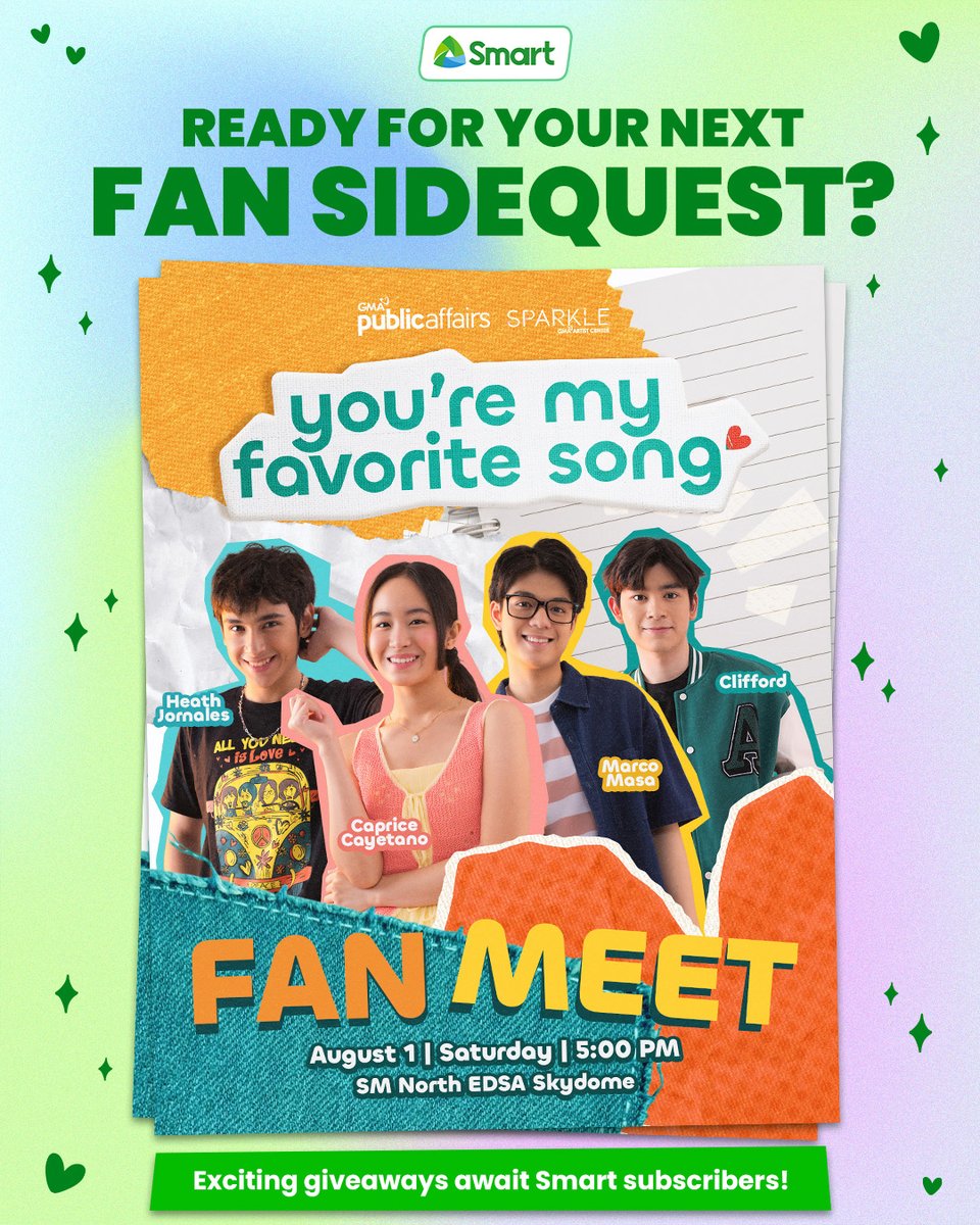LiveSmart's tweet photo. Your favorite song is getting a fan meet! 🎤💚

See you on August 1 at SM North Skydome for an unforgettable day with Caprice in partnership with Smart.

Got a sidequest on your list? 👀 Stay tuned because exciting giveaways await Smart subscribers, so you can be part of every fan moment with Power All 109! 

#SmartPowerAll #PowerYourSidequest