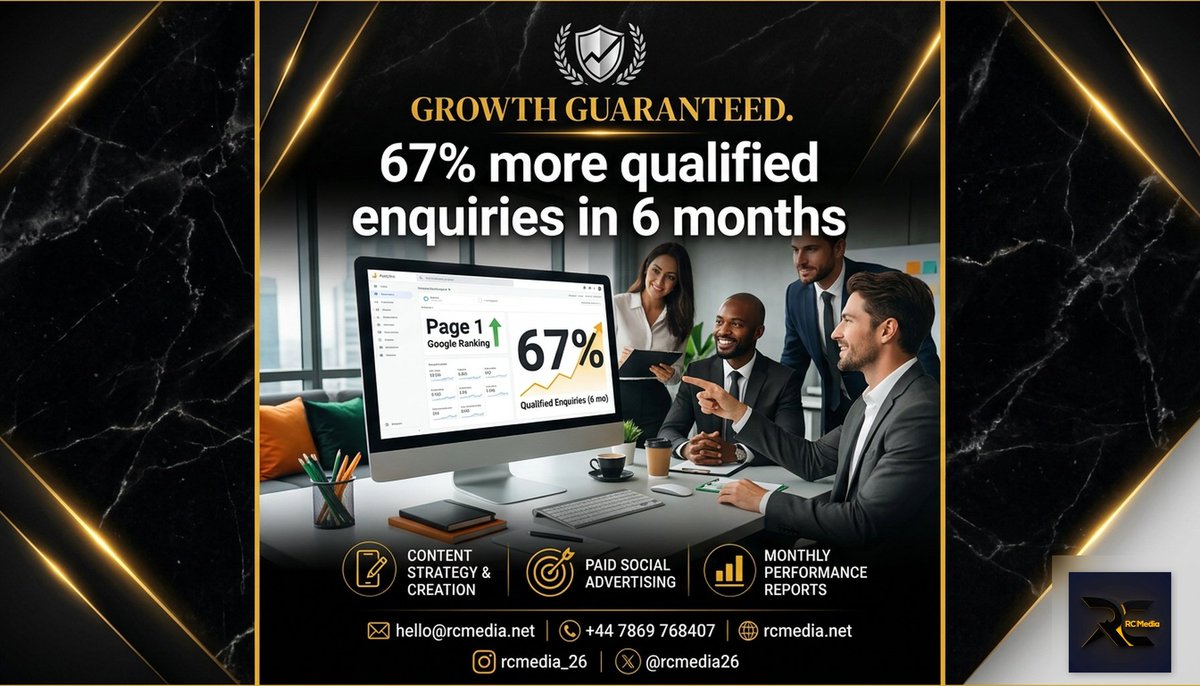 rcmedia26's tweet photo. Page one on Google still fills calendars. One legal client saw a 67 percent jump in qualified enquiries after six months of consistent SEO. It’s always the same story: clear actions, real numbers, no guesswork. #RCMedia #DigitalMarketingUK

Learn more: https://t.co/iA8MMtEzpi https://t.co/omqa0xx5NG