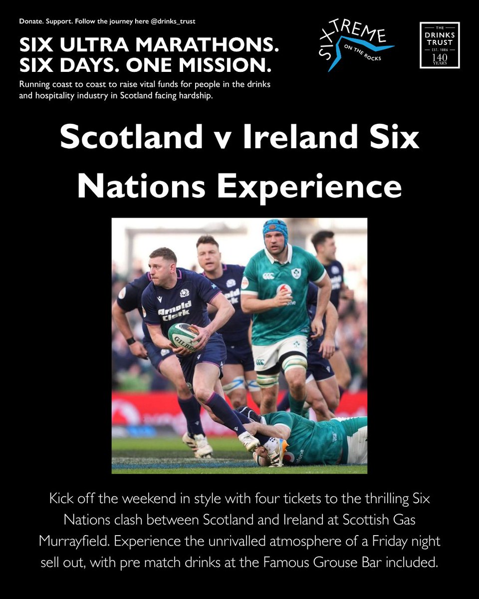 drinks_trust's tweet photo. Show your support for Neil Barker's challenge by bidding on 4 tickets to the Six Nations clash between Scotland &amp; Ireland at the Gas Murrayfield stadium, thanks to Scottish Rugby &amp; The Famous Grouse. Tickets includes complementary drinks before the game
https://t.co/YoG8joSWRY https://t.co/Ksjcidrhvu