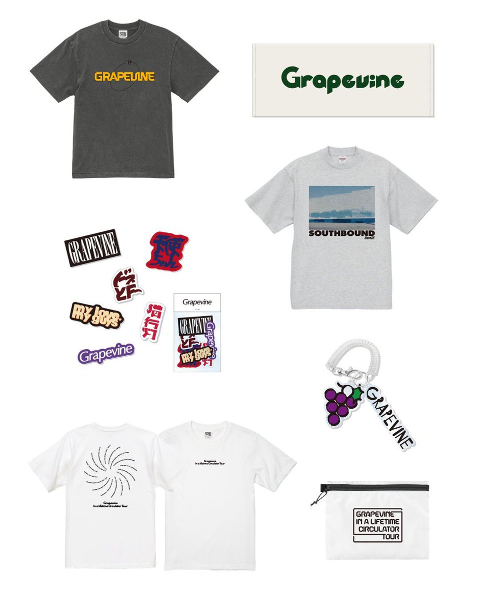 news_grapevine's tweet photo. IN A LIFETIME CIRCULATOR tour オフィシャル・グッズのラインナップです。

📌SB25 Tシャツ
ホワイトアッシュ
SIZE M/L/XL
5,000JPY
ラウンドネック／半袖／フォトプリント
過去のビジュアルアーカイブを再構成したGRAPEVINE VAULTシリーズ
アルバム『Here』(2000)をモチーフとしたデザイン

📌LT Tシャツ
ホワイト
SIZE M/L/XL
5,000JPY
ラウンドネック／半袖／フォトプリント
過去のビジュアルアーカイブを再構成したGRAPEVINE VAULTシリーズ
アルバム『Lifetime』(1999)をモチーフとしたデザイン

📌CIRCULATOR tour Tシャツ
ホワイト　ラウンドネック／半袖
SIZE S/M/L/XL　4,200JPY
フロントにツアーロゴ、バックにツアースケジュールをプリント

📌BUSY BEE Tシャツ
フェードグレー　ラウンドネック／半袖　
SIZE S/M/L/XL　4,700JPY
GRAPEVINEの周りを蜂が飛び回る「BUSY BEE」デザイン

📌Circulator - ランダムピンバッジ
900JPY
全7種／ランダム封入
『Circulator』のタイトルと収録曲をモチーフにした全7デザインのランダムピンバッジ
※ランダム封入商品のため絵柄は選べません
※1会計につき5個までご購入いただけます

📌フェイスタオル
オフホワイト
2,500JPY

📌フラットポーチ
ホワイト
1,700JPY

📌カラートートバッグ
ライトグレー
2,400JPY

📌アミーチーズ ステッカーセット
1,700JPY
全6デザイン入り

📌TC アクリルキーホルダー
1,500JPY
アクリルキーホルダー
「天使ちゃん」のロゴを使用したアクリルキーホルダー。プラスチックチェーン付き。

📌カラビナ
ブルー
1,800JPY

📌コードストラップロゴキーホルダー
ホワイト
2,100JPY

お支払いはクレジットカード、交通系IC、各種電子マネー、一部QRコード決済をご利用いただけます。現金のお取り扱いはございませんので、あらかじめご了承ください。

会場物販で1会計につき7,000円（税込）以上ご購入いただいた方には、オリジナルポストカードを1枚プレゼントします。
特典はなくなり次第終了となります。