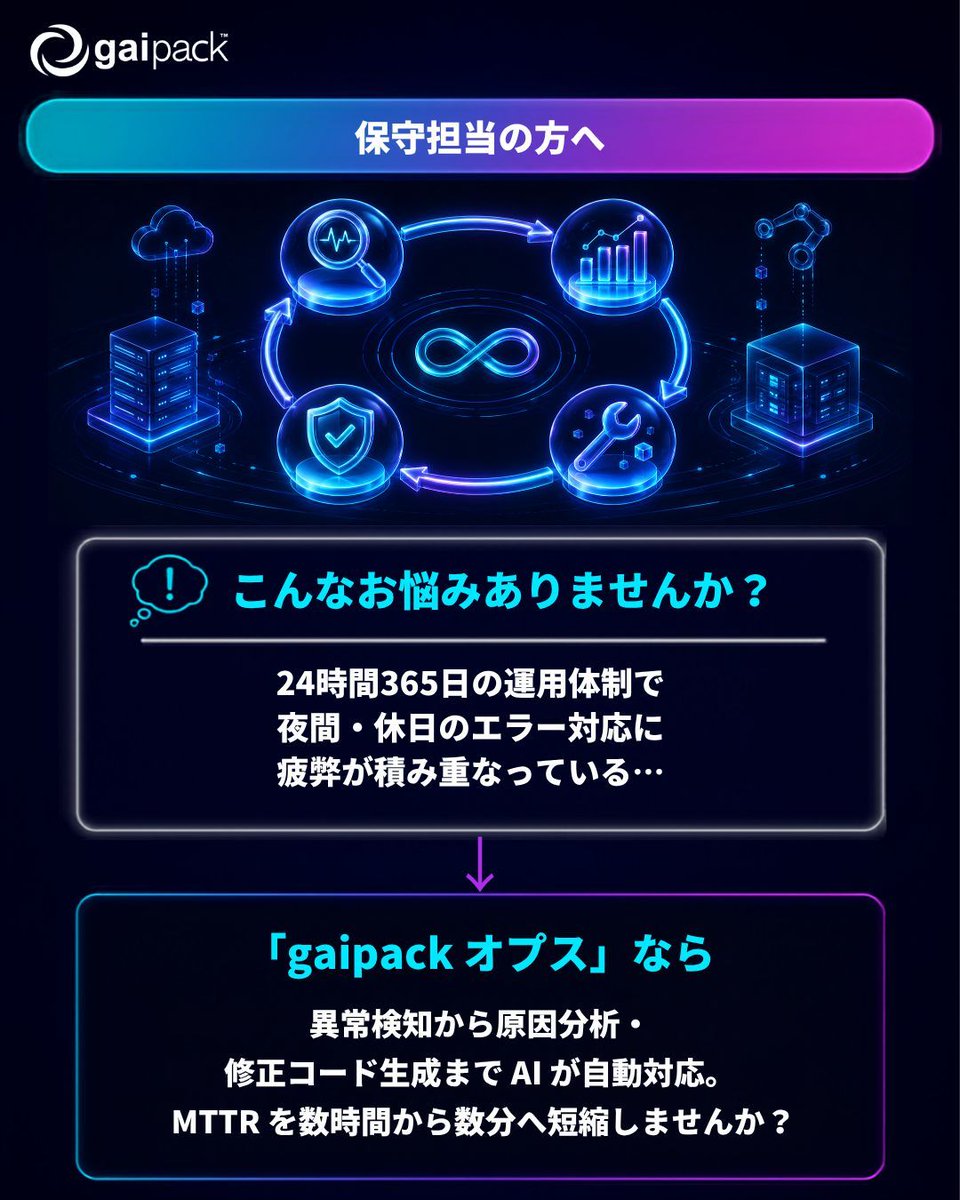 gaipack_ai's tweet photo. ＼24時間365日、運用を担う方へ／
夜間・休日のエラー対応で、疲弊が積み重なっていませんか？

「gaipack オプス」なら、異常検知から原因分析・修正コード生成までを AI が自動対応。MTTR を数時間から数分へ短縮した実績も 💡

▼詳細
https://t.co/IYeocgvLg5
#gaipack #運用保守 https://t.co/ssGDYL9SJH