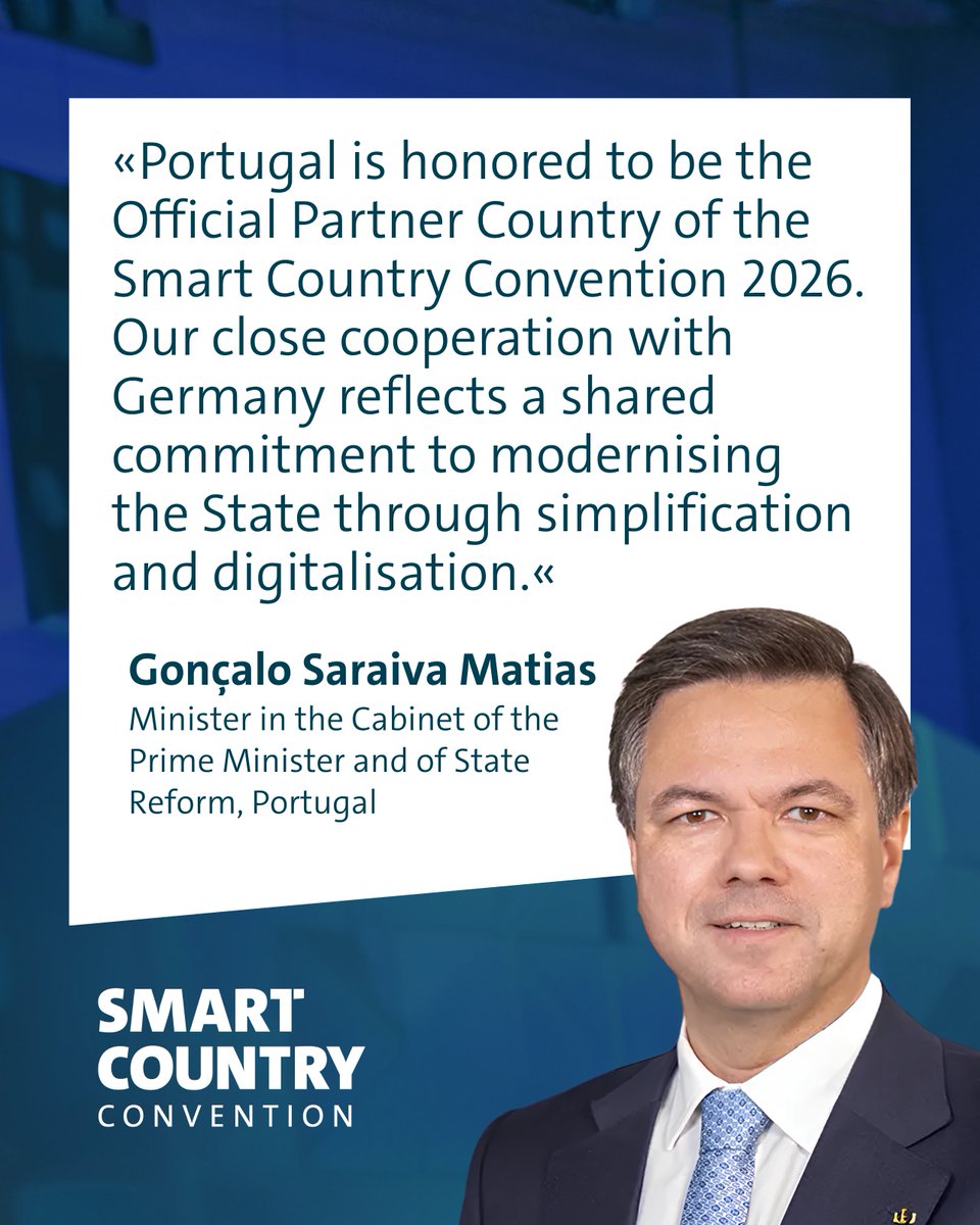 SmartCountryCon's tweet photo. Wir freuen uns, Gonçalo Saraiva Matias, portugiesischer Minister im Kabinett des Ministerpräsidenten und für Staatsreform, auf der #SCCON26 begrüßen zu dürfen! 

Gemeinsam mit Bundesdigitalminister Karsten Wildberger wird er die Smart Country Convention am 13. Oktober eröffnen. https://t.co/NnKadooRrT