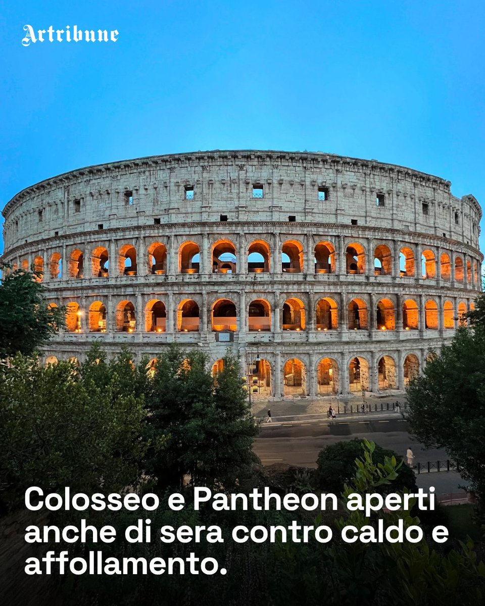 artribune's tweet photo. Il Colosseo e il Pantheon aprono le porte anche dopo il tramonto. Per tutto il mese di agosto i due monumenti simbolo di Roma estendono gli orari di visita serali, offrendo la possibilità di scoprirli lontano dalla calura estiva. Tutti gli orari: https://t.co/CIKMJ9OMNR https://t.co/0C30LcXHt1