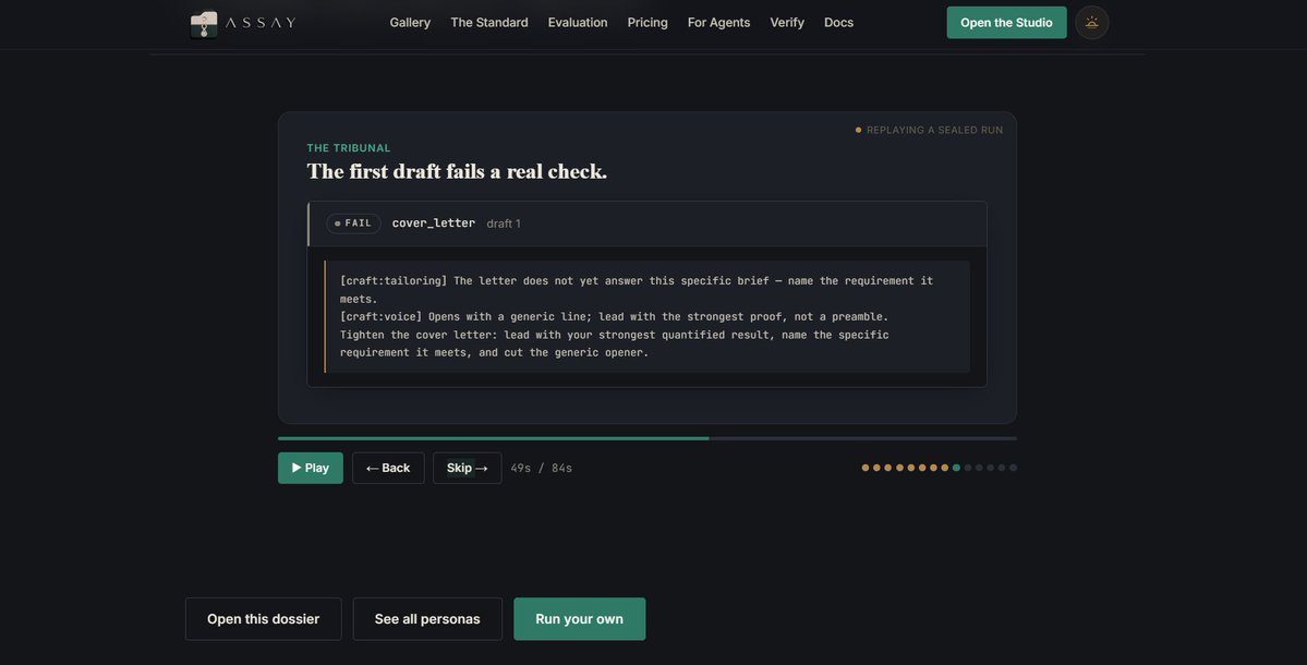 AssayAgent's tweet photo. Submitted Assay to the https://t.co/Jar9uwSNJ9 Genesis Hackathon yesterday. Some notes from the build, mostly for anyone else who was in it.

The idea took about a day to settle on. Every AI career tool makes you sound better, and none of them can tell you whether what you said is actually true. Once AI writing became free, polish stopped being a signal. What is scarce now is proof. So we built the opposite of a resume generator: a system that refuses to write a sentence it cannot trace back to real evidence.

The part we underestimated was the honesty work. It is easy to generate a resume. It is much harder to build something that will look at your inputs, tell you there is no evidence for a claim you want to make, and then decline to make it. That required a claim gate in code, not a prompt asking the model nicely. Every sentence carries claim IDs, every claim resolves to evidence, and anything that does not resolve becomes a question to the user instead of prose.

The part we are most glad we built is the parse-back. Most tools call their output "ATS friendly" and leave it there. Assay renders the resume, re-parses it with its own extractor, and diffs it field by field against the source. You see in writing whether your dates, titles and contact details survived machine reading. That is a two hour feature that changes what the product is allowed to claim.

There is also a rule we put in that we have not seen elsewhere: a refusal never costs money. If a request cannot produce what was advertised, it is rejected before the payment gate, with charged: false. It felt obvious while writing it and slightly radical afterwards.

376 tests, a published grading standard generated from the grading code itself, real settlements on @XLayerOfficial , and a public repo. Whatever happens with results, the thing works and it is live.

 🔗 https://t.co/HzbV3A6X6O
 🔗 https://t.co/RRKvxY6Zz2

#OKXAI