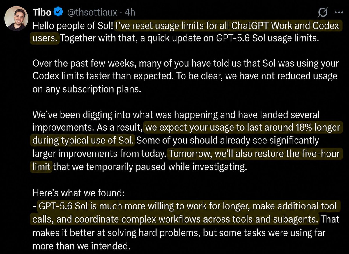notjazii's tweet photo. another day, another limit reset

at this point openai users are basically getting unlimited usage

team has been actively listening to feedback and making models more efficient

> Sol limits should last around 18% longer now 
> five hour limits will be back tomorrow

i feel like Tibo is gonna reset limits again before the five hour limits are back

use it all on max while you can