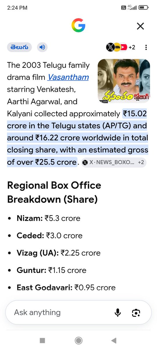 srikaran1's tweet photo. #Vasantham(2003) - 16.22CR
#Nenunnanu (2005) - 14CR
#Lakshmi Nizam 1st week ATR & closing 24CR share unna movie TV serial #Nenunnanu movie kottindhi anta orey e bavi lo untaru ra kasta reality ayina bathkandra A4 jokers 🙏 https://t.co/0q5QtIy6No