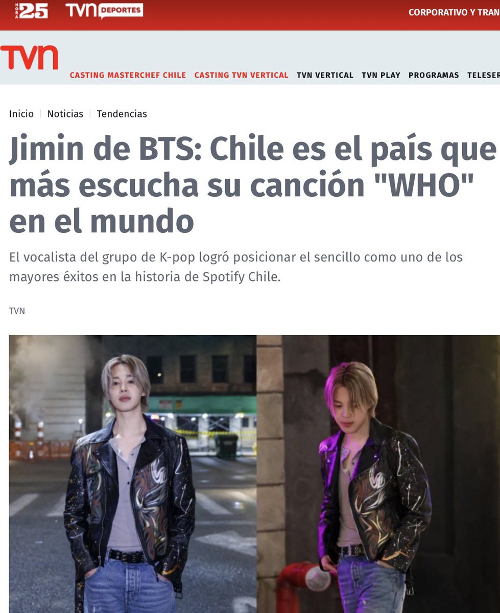 JiminGlobal's tweet photo. 🇨🇱 Chile’s national broadcaster TVN highlighted Jimin’s “Who” as a global streaming phenomenon, reporting that Chile is the country where the song has been listened to the most worldwide.

The article described “Who” as “a true phenomenon” in Chile, noting its remarkable performance on Spotify Chile. Following its release, the track immediately entered the Daily Top 20 chart, later reaching #1 and maintaining a strong presence for an extended period.

With “Who” remaining in Spotify Chile’s Top 10 for hundreds of days, TVN emphasized the song’s unprecedented popularity among Chilean listeners and Jimin’s powerful impact in the Chilean music market.

The broadcaster also highlighted the growing anticipation for BTS’ return to Chile as part of their upcoming world tour, with fans eagerly awaiting their performance at the National Stadium.