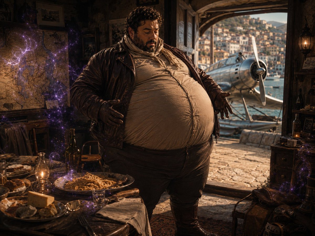 BulkBeneath's tweet photo. The pilot came to the old port chasing fame.
One spell later, he was too heavy to fly. ✈️
#WeightGain #Transformation #FantasyArt https://t.co/Z4MJB48ffv