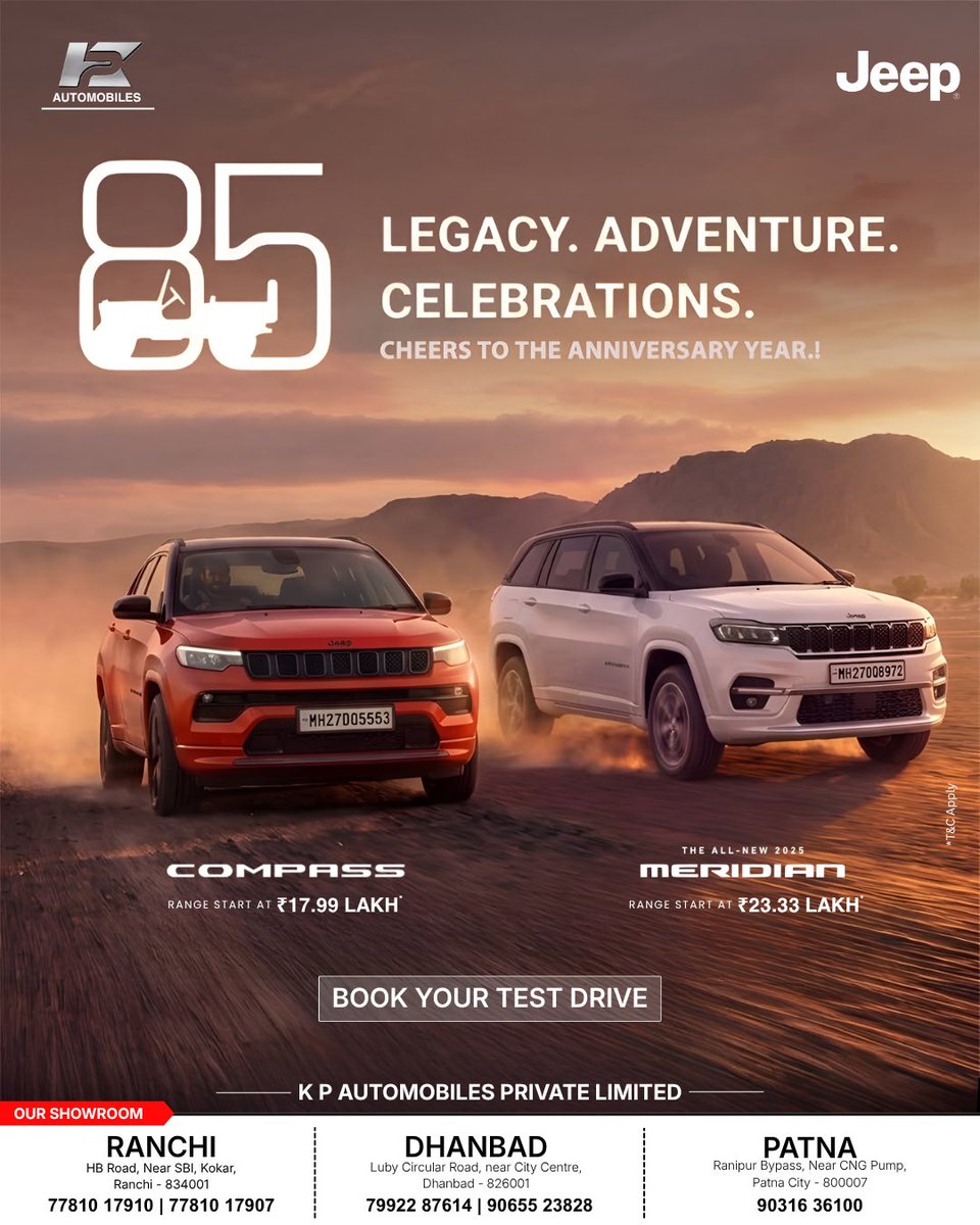 kpautojeep's tweet photo. 85 Years. One Legendary Journey.
Celebrate the legacy of Jeep with unmatched capability, bold adventures, and iconic performance. ✨

Book your test drive today and be part of the adventure.

#JeepIndia #jeepcompass #JeepMeridian #85yearsofjeep #AdventureAwaits #SUVLife https://t.co/zELeXwAE1R