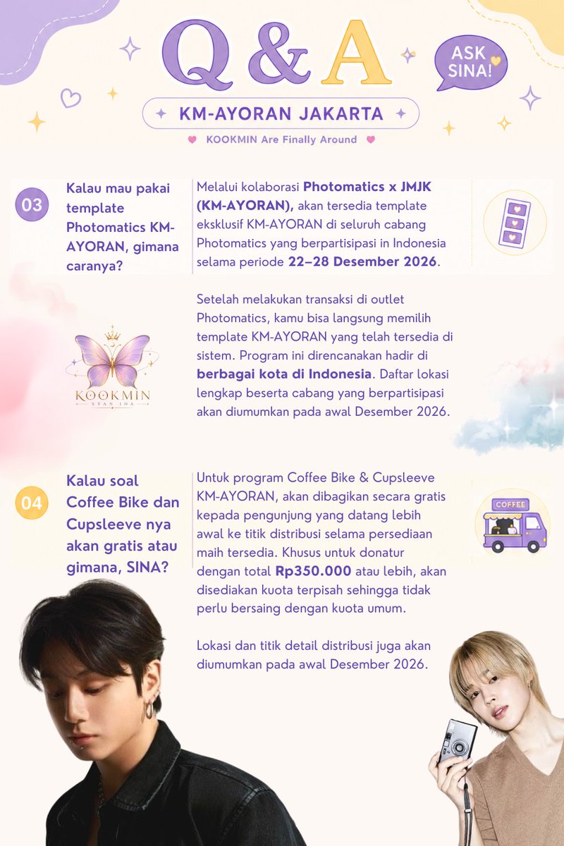 KMSINA's tweet photo. Hai Jikookers/Kookminers! 👋. Berikut kami rangkum Q&A seputar project KM-AYORAN yang sudah kami susun selengkap mungkin. Semoga bisa menjawab pertanyaan-pertanyaan yang mungkin masih kalian miliki.

Kalau setelah membaca masih ada hal yang belum jelas, jangan ragu untuk bertanya di kolom reply, ya!💜💛