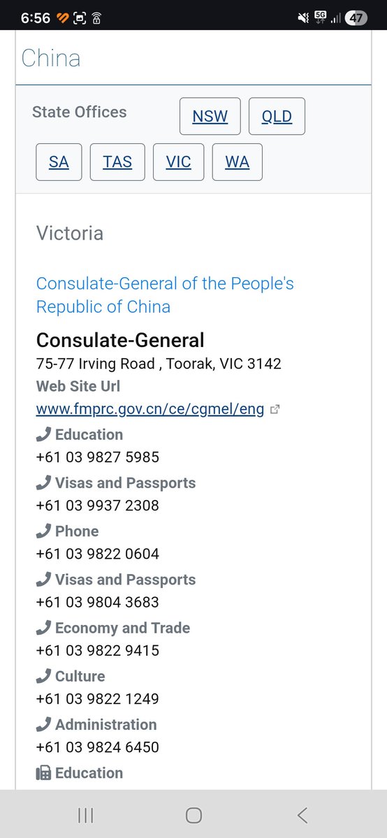 Maleficentlady2's tweet photo. It has been brought to my attention that the official Australian government page I linked with details of the Chinese embassy and Chinese consulates in every state in Australia is broken.

Here it is again: https://t.co/p23UtBjMxV

I hope this time the link works. If not, please google "Chinese embassy and consulates in Australia government page" and the first website link should be it. 

I'm also posting screenshots of what the website should look like.

Each consulate listed for each state has its own individual website too!

#australia   #straya   #aussies   #aussie   #aus   #australians   #auspol   #oz   #melbourne   #sydney   #adelaide   #perth   #Darwin   #canberra   #hobart   #brisbane   #Victoria   #newsouthwales   #vic   #nsw   #WA   #centralAustralia   #tasmania   #queensland   
#justiceforwangwang  #wangwang  #wantwant   #旺旺  #Jieyang  #BoycottJieyang #china #boycottguangdong #guangdong #chinanaimalcruelty #chinaanimalcrueltylaws #chinaanimalprotectionlaws