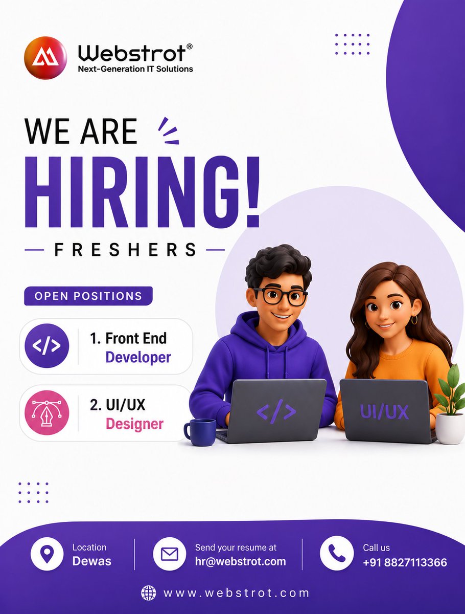 webstrot's tweet photo. π Weβre Hiring Freshers! π
Join Webstrot Technology and turn your skills into real-world experience!
πΌ Open Positions:
πΉ Front-End Developer
πΉ UI/UX Designer
π Location: Dewas
πCall Us: +91 8827113366
#WeAreHiring #FrontendDeveloper #UIUXDesigner #JoinOurTeam #Webstrot https://t.co/04k4XTCB2T