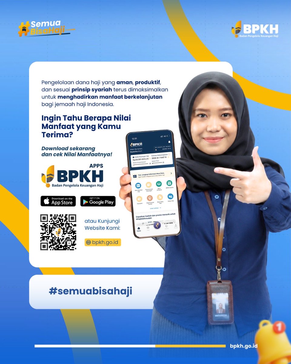 BPKHRI's tweet photo. BPKH berpartisipasi dalam Bloomberg Forum Jakarta 2026 sebagai wujud komitmen memperkuat strategi pengelolaan dana haji yang amanah, profesional, dan sesuai prinsip syariah.

Melalui forum ini, BPKH bertukar perspektif dengan para pelaku industri investasi global guna mengoptimalkan nilai manfaat dana jemaah haji secara berkelanjutan.

Ingin mengetahui estimasi nilai manfaat dana hajimu? Unduh BPKH Apps atau kunjungi https://t.co/kTrE3k10qw.

#bpkhri #semuabisahaji #ayohajimuda #uanghajikita