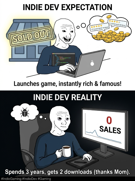 GameZoneHQ's tweet photo. INDIE DEV EXPECTATION https://t.co/uoSasAyLpn