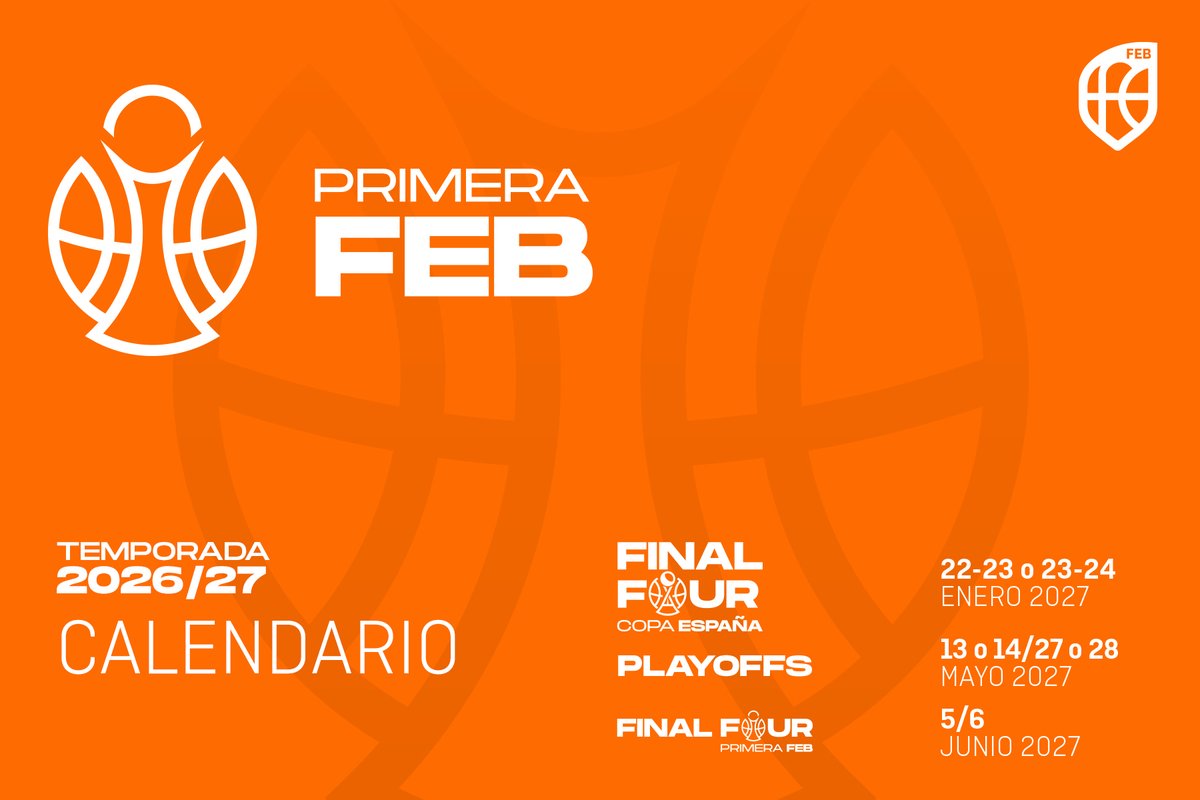 CompeticionFEB's tweet photo. 📆 Calendario #PrimeraFEB: El ilusionante viaje de la 2026/27 define sus 34 estaciones con el sorteo de su calendario

▶ Más de 3⃣0⃣0⃣ partidos y 3⃣4⃣ jornadas para marcar el camino al ascenso a la @ACBCOM

📝 Más información ⬇
https://t.co/GGWosrWQ0W https://t.co/jFvd48QoeS