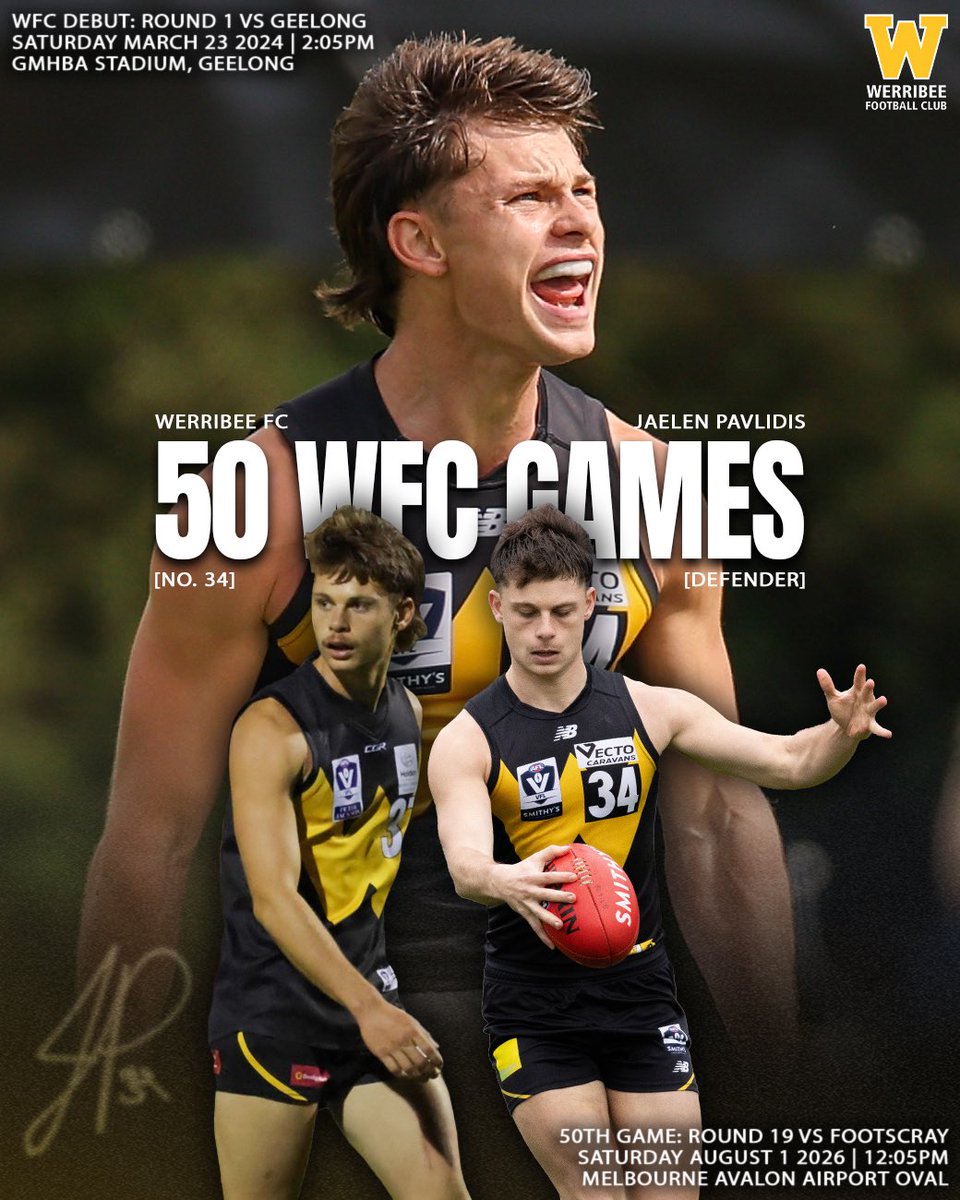 WerribeeFC's tweet photo. From growing up around the club to bringing up his first Werribee milestone game 💛🖤

Congrats to Jaelen Pavlidis, who will run out for his 50th game for Werribee FC on Saturday against Footscray!

Go well Pav!

📖 Read on Jaelen’s journey with the club: https://t.co/XgHlsvLY8K https://t.co/V9xW8v1xzh