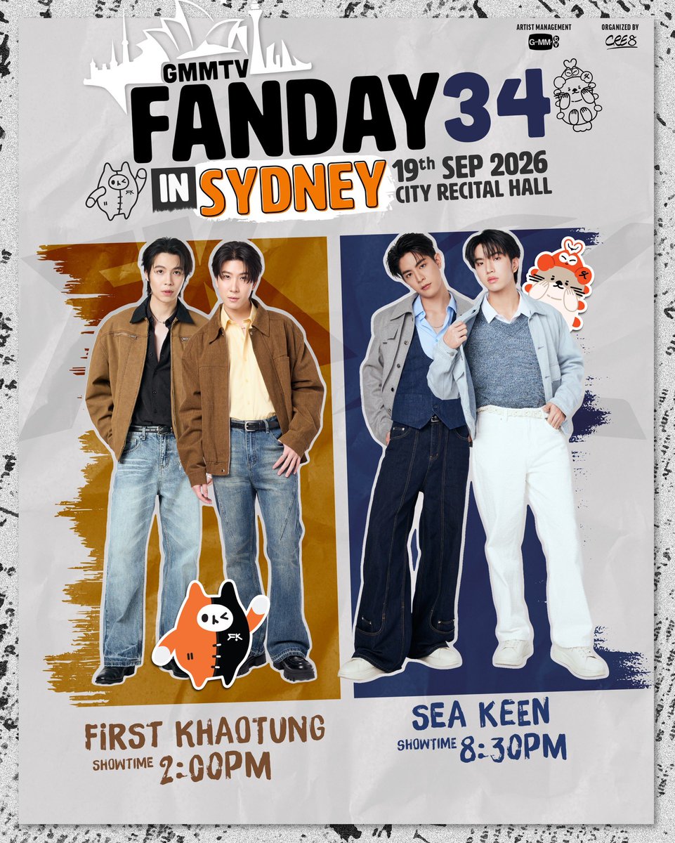 myktnw's tweet photo. GMMTV FANDAY 34 IN SYDNEY 
Get ready for the first experience in Sydney with 
First-Khaotung and Sea-Keen. You are all invited to share laughter, joy, 
and impressive moments at this special event that will make an ordinary day memorable.

🗓️ SHOW DATE : SATURDAY, 19 SEPTEMBER 2026
SHOW 1 : FIRST - KHAOTUNG 
TIME : 2:00 PM (AEST)
SHOW 2 : SEA - KEEN
TIME : 8:30 PM (AEST)
📍VENUE : CITY RECITAL HALL

Ticket Information (first come, first served)
✨Show Ticket via City Recital Hall
     Sales start on Aug 6th 2026 at 10AM AEST

https://t.co/MDaLwHNppm

✨Special Benefit Ticket via TicketMelon
      Sales start on Sep 12th 2026 at 12PM AEST 

https://t.co/BFLXoA5Jzz

#GMMTVFANDAY34INSYDNEY
#FirstKhaotungXFanday34inSYDNEY
#SeaKeenXFanday34inSYDNEY
#GMMTV