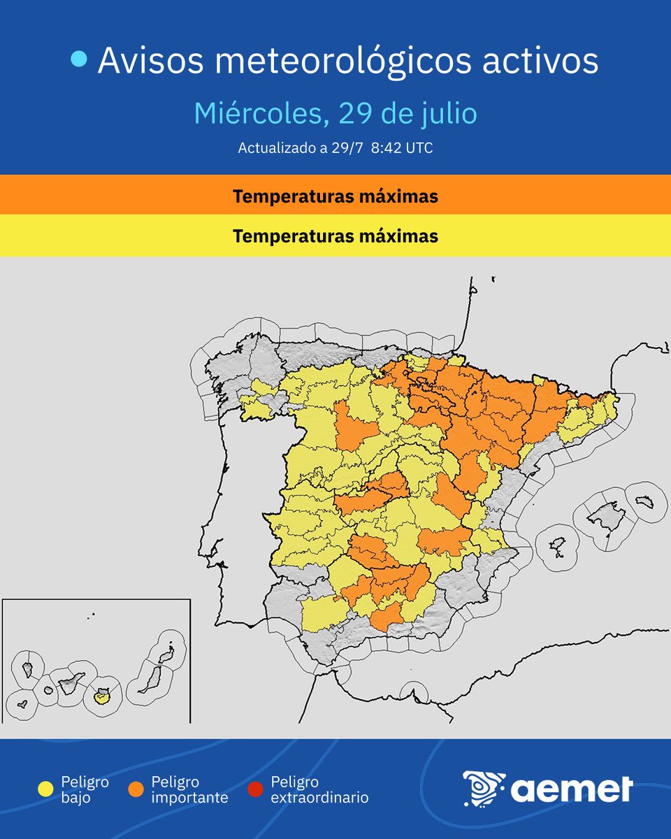 AEMET_Esp's tweet photo. 🟠 OLA DE CALOR | Avisos naranjas por temperaturas máximas muy altas.

➡️ Se superarán 39 o 40 °C en zonas del nordeste peninsular, meseta norte, zona centro y mitad sur.

➡️ Peligro importante para personas vulnerables y en actividades al aire libre en las horas de más calor. https://t.co/urj6Q5CS9J