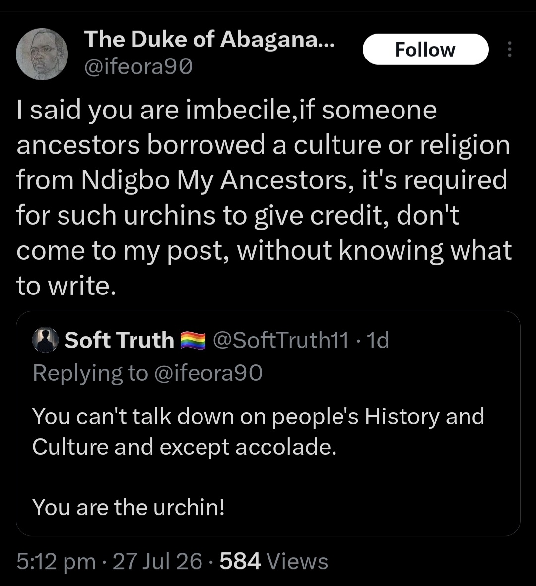 SoftTruth11's tweet photo. The 1st screenshot of your quote on Igala's post is what made me to respond to your falsehood. What myself is disputing in your claims is the word "borrowed."
My questions are simple;
1. Can you prove to us how other tribes in Nigeria "borrowed" New Yam festival from Igbos? https://t.co/k8gGZ9AOcL