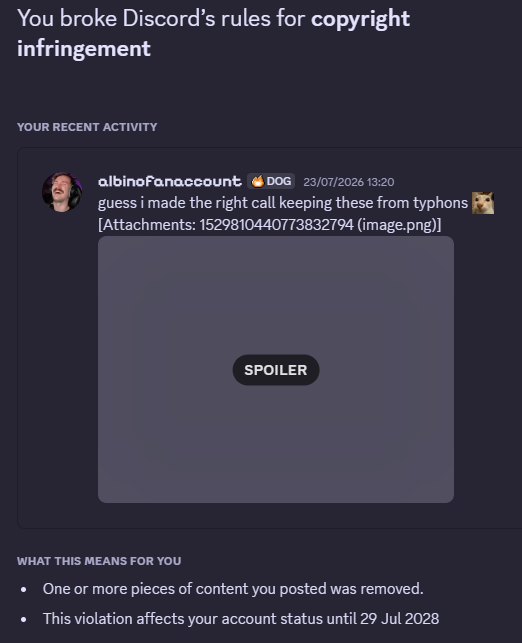 AlbinoVEVO's tweet photo. Nexon, a billion dollar corporation, is apparently so salty and defensive about private servers that they started mass-DMCAing screenshots, yes, SCREENSHOTS of their videogame on discord

They're somehow worse than Nintendo, unreal. https://t.co/eMnnMZ492H