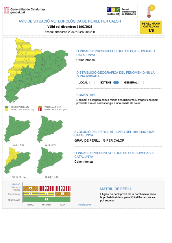 meteocat's tweet photo. ⚠ El Servei Meteorològic de Catalunya actualiza l'avís de situació meteorològica de perill (#avisosSMP) per calor ⚠
➡ Dc. a Dv. 14:00 a 20:00 h
➡ Llindar que es pot superar: calor molt intensa
➡ Grau de perill màx. 🟠 4/6

*Hora local (h) = TU +2 https://t.co/fnm4E8O2Gn