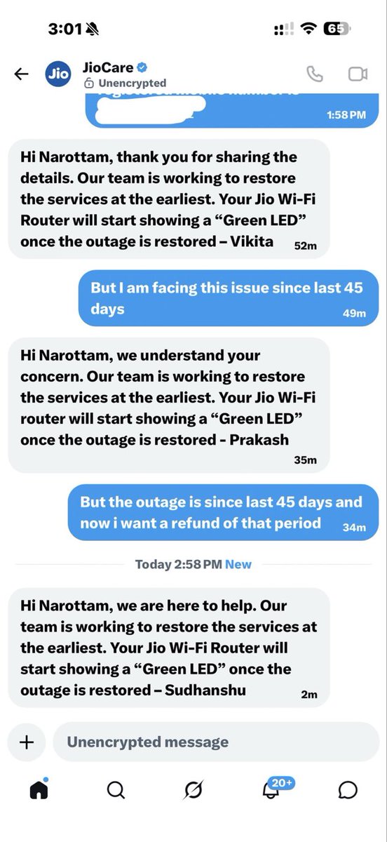 ilr_narottam's tweet photo. @JioCare for each instance you’ve set an automated reply. What kind of service is this? Internet is not working on jio air fiber connection since last 2 months. https://t.co/juIpsLtTHY
