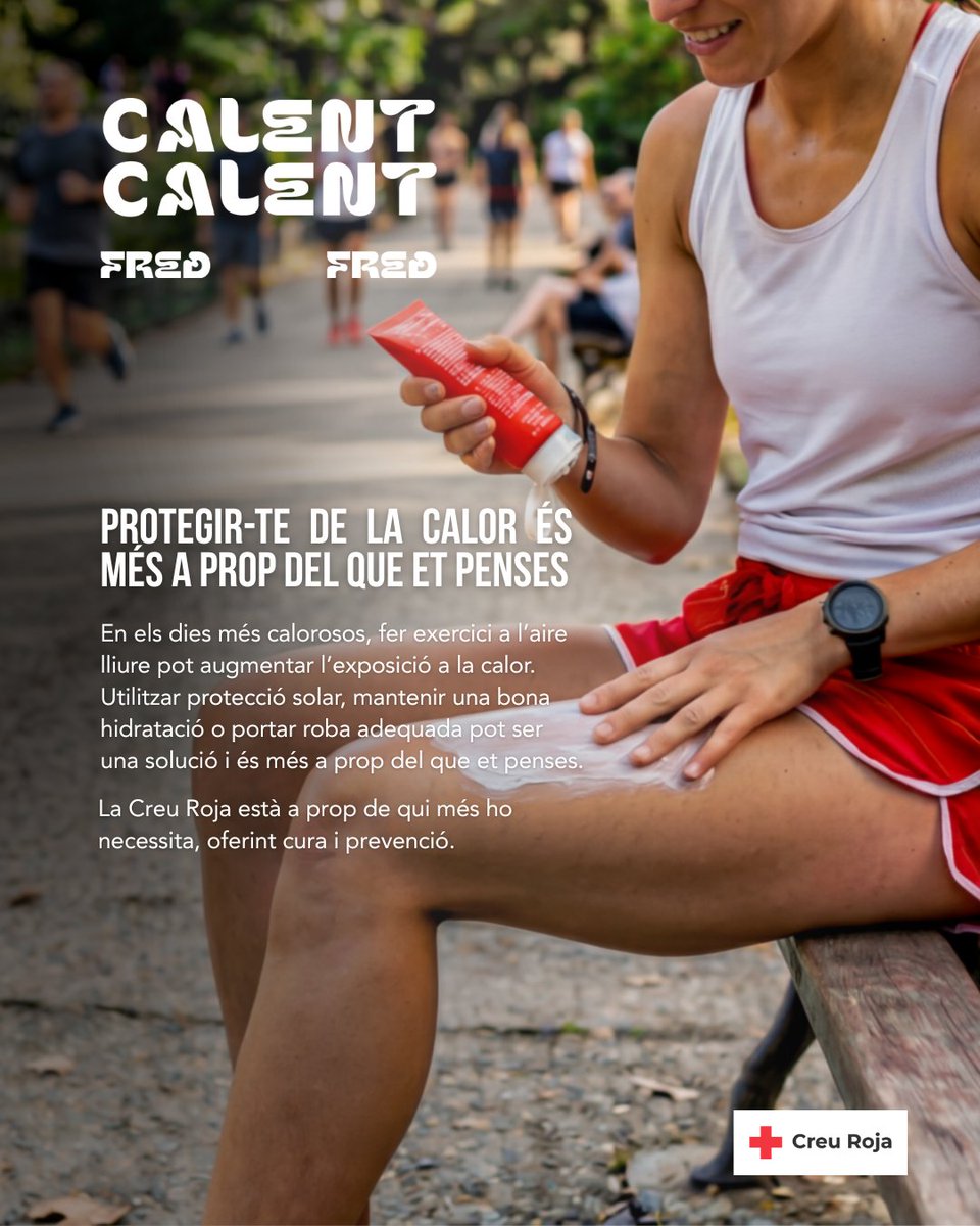 CreuRojaBCN's tweet photo. ☀️🏃‍♀️ Si fas exercici amb calor, protegeix-te: hidrata’t sovint, posa’t crema solar, porta roba lleugera i evita les hores de més calor. 💧🌡️❤️

Troba més consells a ⬇️
https://t.co/wRCDMXNeNh https://t.co/v6qjhGb9Yj