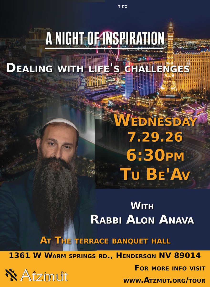 RabbiAlonAnava's tweet photo. Las Vegas pay attention!!

Wednesday, July 29th - Tu Be'Av

Amazing lecture you do NOT want to miss!!!

For more info: https://t.co/l9K36aFwWY

• This lecture will be streamed LIVE on youtube https://t.co/xf8cYIXzOy