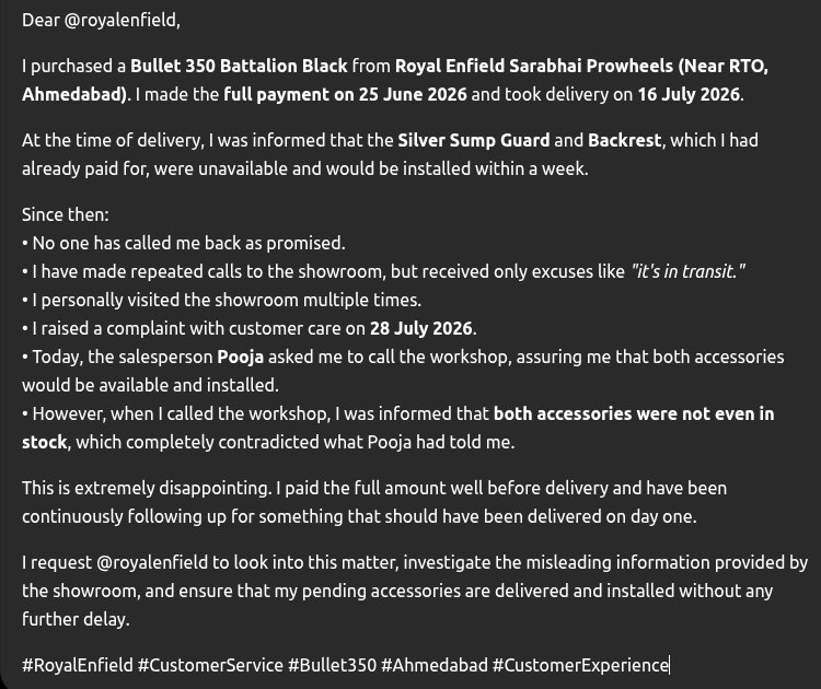 solankivivek264's tweet photo. @royalenfield
@RoyalEnfieldIn

#RoyalEnfield #CustomerService #Bullet350 #Ahmedabad #CustomerExperience #bedexperience https://t.co/ie7QJ7LjT1