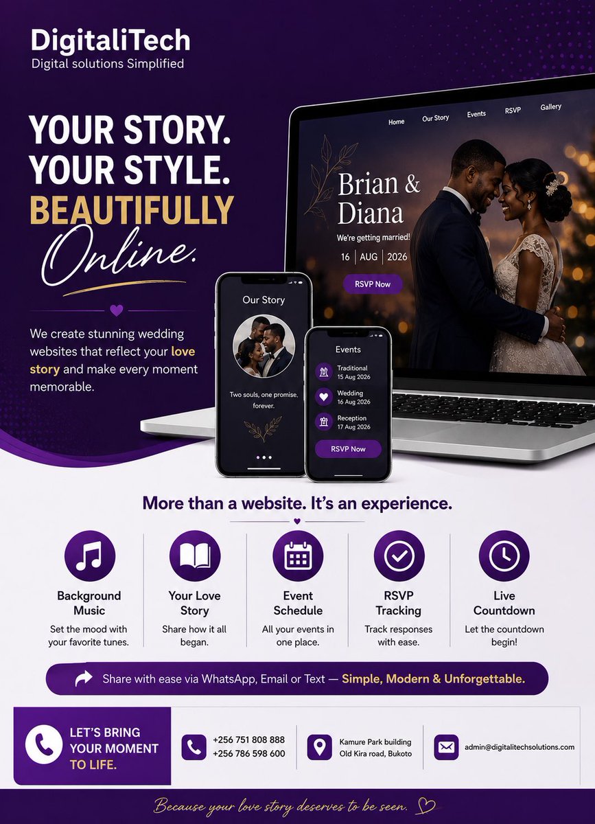 DigitaliTechug's tweet photo. Turn your special day into an unforgettable digital experience with a custom wedding website by DigitaliTech. From RSVP tracking to live countdowns, we make sharing your love story effortless 💕

Contact us today: Phone: +256 751 808 888 / +256 786 598 600

#DigitalitechUg https://t.co/nEl3DkvRTR