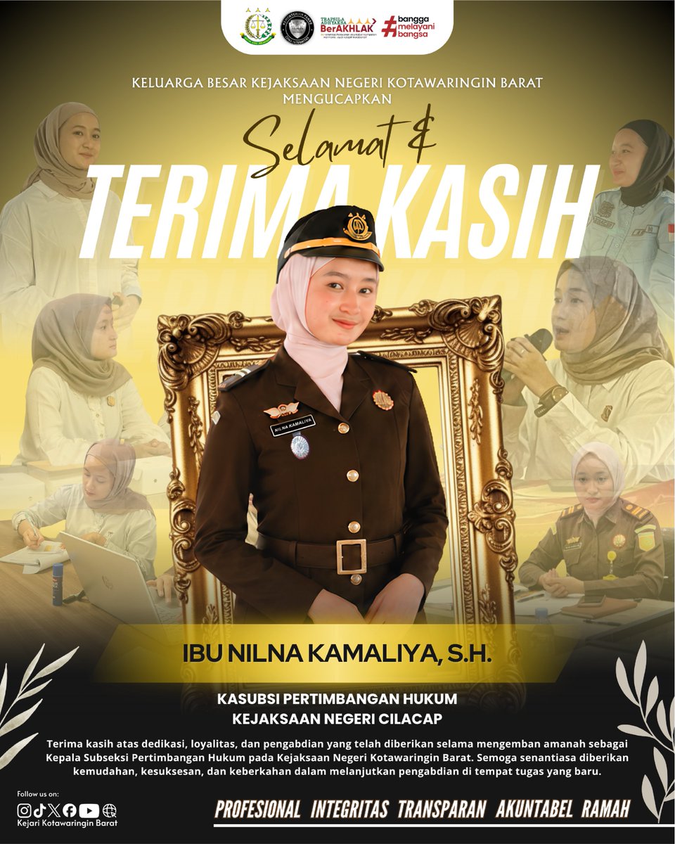 Kejari_Kobar's tweet photo. Keluarga Besar Kejari Kobar mengucapkan terima kasih dan penghargaan yang setinggi-tingginya atas dedikasi, loyalitas, serta pengabdian kepada Ibu Nilna Kamaliya, S.H. selama mengemban amanah sebagai Kepala Subseksi Pertimbangan Hukum Bidang Datun Kejari Kobar. https://t.co/nwJDvtpCv3