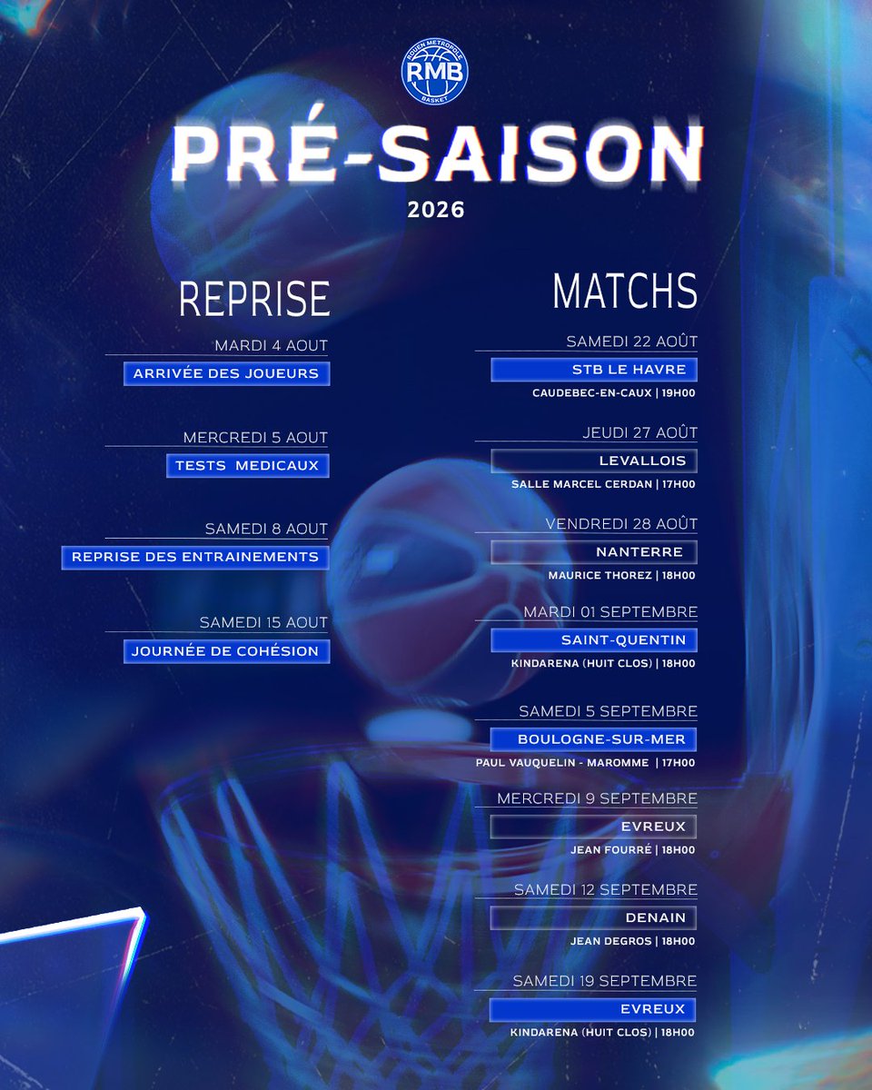 RouenMBasket's tweet photo. ⏳La saison reprend dans moins de 2 mois...

Mais avant le coup d'envoi du championnat, le 25 septembre au Kindarena voici le programme de la pre-saison !💪

Les rendez-vous autour de Rouen :

Sam 22 août
🆚Le Havre
📍Caudebec-en-Caux

Sam 5 sepembre
🆚Boulogne-sur-Mer
📍Maromme https://t.co/rrv5LzAv8t
