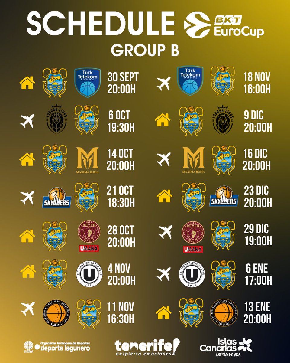 CB1939Canarias's tweet photo. OFICIAL | ¡Toma nota!✍️ Ya conocemos fechas y horarios exactos de la fase de grupos de la @EuroCup ➡️ https://t.co/BRx7OFNBAk

🏀 Nuestro debut en la competición será el miércoles 30 de septiembre 🆚 Turk Telekom Ankara en el Santiago Martín (20:00 horas) 🇮🇨🏟️  

🇬🇧 This is our 26/27 #Eurocup group stage schedule 

💛🖤 #VamosCanarias