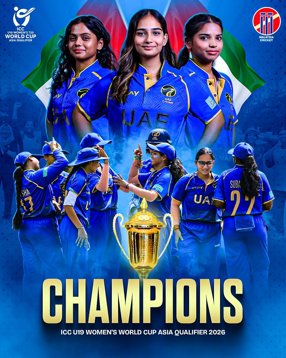 MalaysiaCricket's tweet photo. 🏆 UAE ARE THE CHAMPIONS! 🇦🇪🔥
The United Arab Emirates have been crowned champions of the ICC U19 Women’s World Cup Asia Qualifier 2026! 🏆✨ https://t.co/9dzlQPUagl