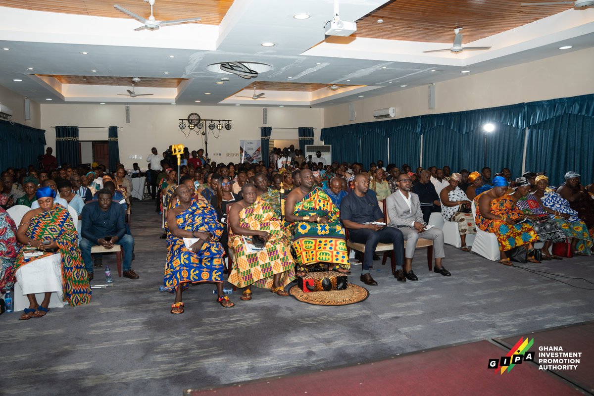 gipaghana's tweet photo. The Ghana Investment Promotion Authority (GIPA) has wrapped up its Regional Investment Roadshow in Sunyani, with an investment forum that brought local leaders and business owners together to deliberate on investment opportunities across the Bono Region.

Opening the forum, Bono Regional Minister Hon. Joseph Addae Akwaboa welcomed GIPA’s drive to attract capital to the region. He emphasized that targeted investments in industrial processing and value addition will reduce post-harvest losses, help farmers reach better markets, create jobs for women and youth, and power the government’s 24-Hour Economy program.

​Adding traditional backing to the initiative, the Omanhene of the Sunyani Traditional Area, Odeefuor Ogyeamansan Boahen Korkor II, highlighted the region’s rich resources. He then stressed that a disciplined mindset is essential to build trust with investors and drive real economic progress.

Addressing the audience, GIPA Deputy CEO A. Razak Baba outlined the investment climate and specific opportunities in the Bono Region. He further pointed out that the region has historically received only a tiny fraction of the $52 billion in foreign direct investment attracted by Ghana over the years, he reaffirmed the Centre's commitment to shifting that trend and positioning Bono as a primary investment destination.

​The forum ended with two pitch sessions, showcasing ready-to-fund local projects.

#InvestGhana #GIPA #BonoRegion #InvestmentPromotion #RegionalInvestmentRoadshow