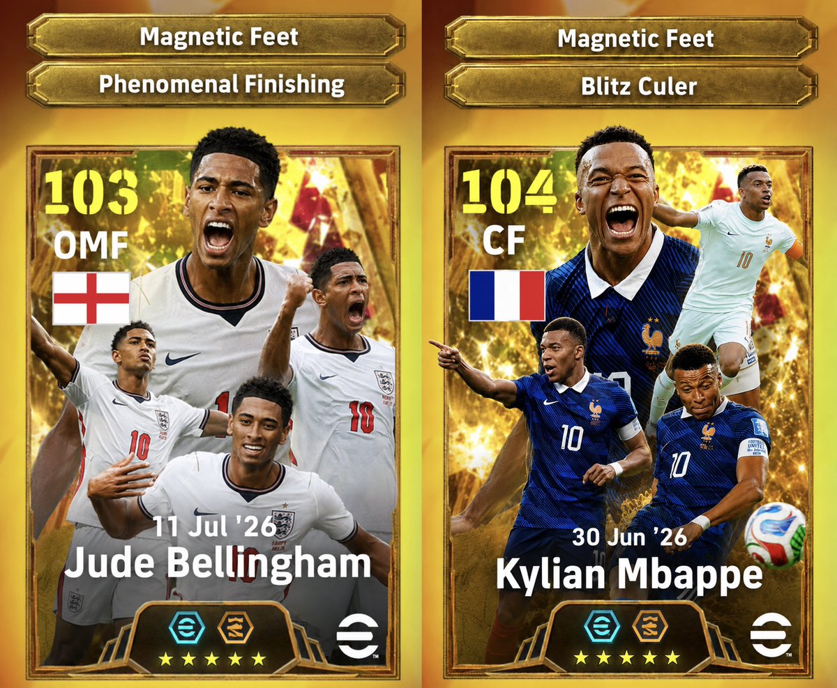 efootballniki's tweet photo. メシロナガチャがきたからこの予想は大外れ

メシロナガチャの期間が8/10までだから
多分そのタイミングでW杯関連ガチャは終わり

つまり、あと残されたチャンスは
7/30と8/3の2回のガチャ更新のみ

R32とR16の総括ガチャがきてたから
ベスト8ガチャ、ベスト4&3決ガチャのそれぞれと
個人タイトルガチャが来ると思ってたけど

残り2回ならベスト8.4（3決？）総括ガチャと
個人タイトルガチャの2つが来るのかな
個人タイトルガチャは来ない可能性の方が高そう

ベスト8 ベスト4 3位決定戦ガチャは
vs🇳🇴2Gの🏴󠁧󠁢󠁥󠁮󠁧󠁿ベリンガムがBT枠
vs🇲🇦1G1Aの🇫🇷デンベレがST枠
vs🇫🇷3Gの🏴󠁧󠁢󠁥󠁮󠁧󠁿サカがST枠

個人タイトルガチャは
得点王🇫🇷ムバッペがBT枠
アシスト王🇫🇷オリーセがST枠
若手最優秀賞🇪🇸クバルシがST枠

それぞれ150BOXガチャで2回に分けてくるか

BT🇫🇷ムバッペ 
BT🏴󠁧󠁢󠁥󠁮󠁧󠁿ベリンガム 
ST🇫🇷オリーセ
ST🇪🇸クバルシ

で200BOXで1発ドカンガチャでく��かのか

なんとなくの予感だけど
ファビアンルイス メリーノ ポロ の🇪🇸組は
もう来ないような気がする