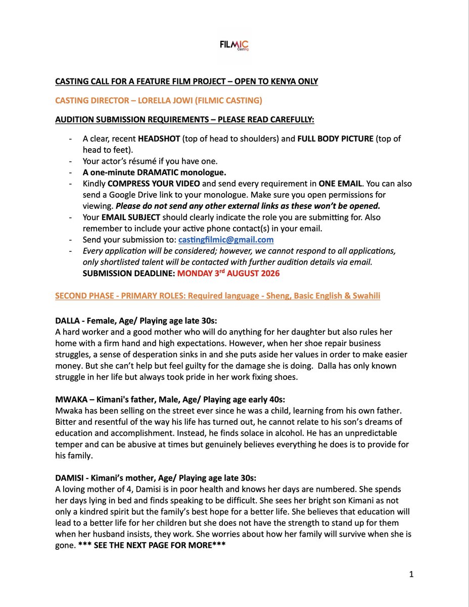 lorellajowi's tweet photo. SECOND PHASE CASTING CALL FOR A FEATURE FILM. OPEN TO KENYA ONLY.

Read the posters carefully for full details.

Thank you. https://t.co/FRnIWgV39V