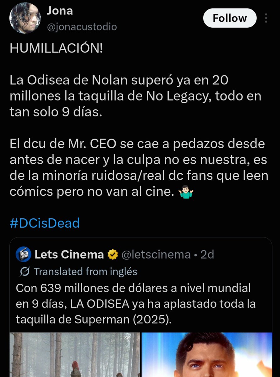snydertard_'s tweet photo. HUMILLACION!!!

Nolan con la Odisea Humilla a Snyder sobrepasando a MOS en taquilla en tan solo 9 días

Demostrando otra vez que el Snyderverse es una basura en taquilla, sus fans no van al cine y solo pelean por internet y por ellos Snyder ya no tiene trabajo

#SnyderverseDead🤪 https://t.co/XXdxQUK89i